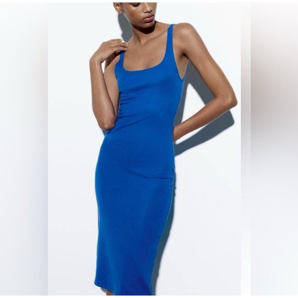 Zara New Women Sleeveless Squared Neckline Blue Midi Dress Size Large